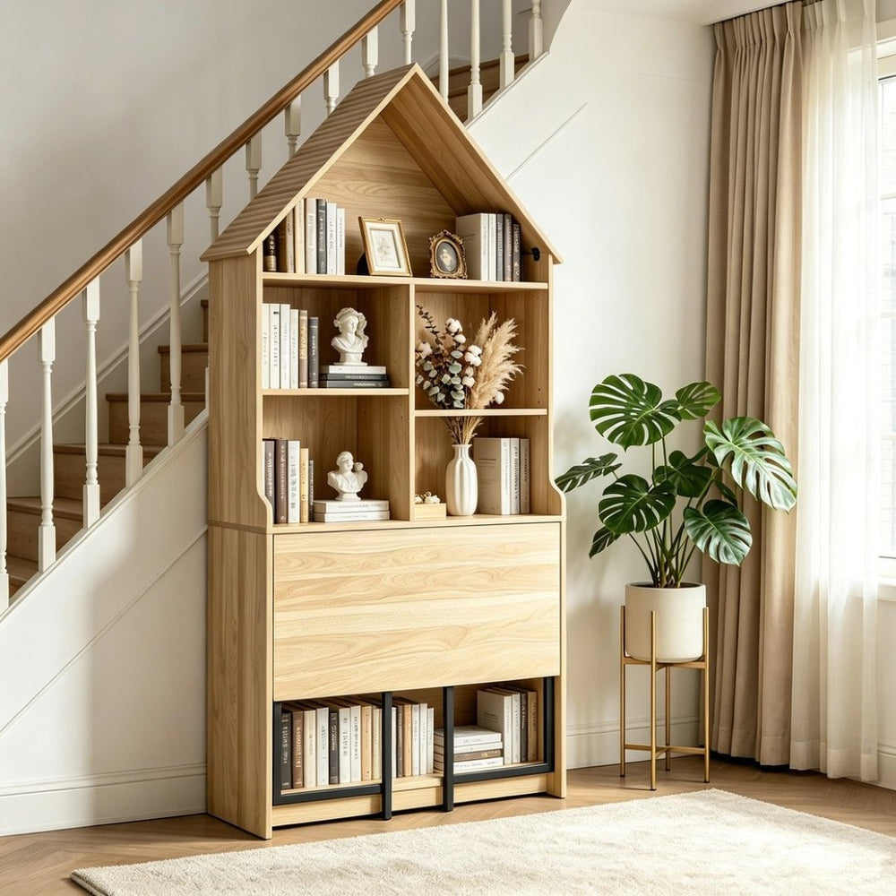 English Elm Folding Wall Mounted Convertible Desk Bookshelf with Hidden Work Surface for Small Spaces W2977P499563