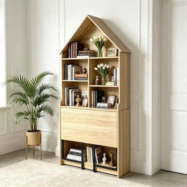 English Elm Folding Wall Mounted Convertible Desk Bookshelf with Hidden Work Surface for Small Spaces W2977P499563