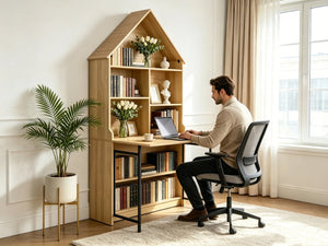 English Elm Folding Wall Mounted Convertible Desk Bookshelf with Hidden Work Surface for Small Spaces W2977P499563