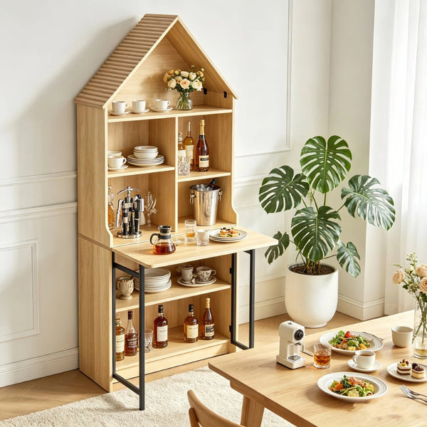 English Elm Folding Wall Mounted Convertible Desk Bookshelf with Hidden Work Surface for Small Spaces W2977P499563