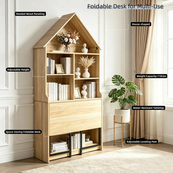English Elm Folding Wall Mounted Convertible Desk Bookshelf with Hidden Work Surface for Small Spaces W2977P499563