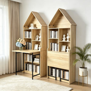English Elm Folding Wall Mounted Convertible Desk Bookshelf with Hidden Work Surface for Small Spaces W2977P499563