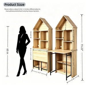 English Elm Folding Wall Mounted Convertible Desk Bookshelf with Hidden Work Surface for Small Spaces W2977P499563