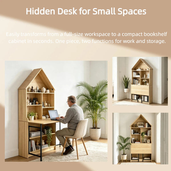 English Elm Folding Wall Mounted Convertible Desk Bookshelf with Hidden Work Surface for Small Spaces W2977P499563