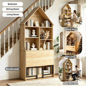 English Elm Folding Wall Mounted Convertible Desk Bookshelf with Hidden Work Surface for Small Spaces W2977P499563