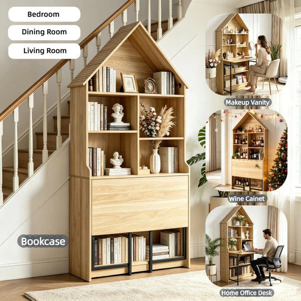 English Elm Folding Wall Mounted Convertible Desk Bookshelf with Hidden Work Surface for Small Spaces W2977P499563