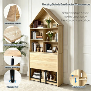 English Elm Folding Wall Mounted Convertible Desk Bookshelf with Hidden Work Surface for Small Spaces W2977P499563