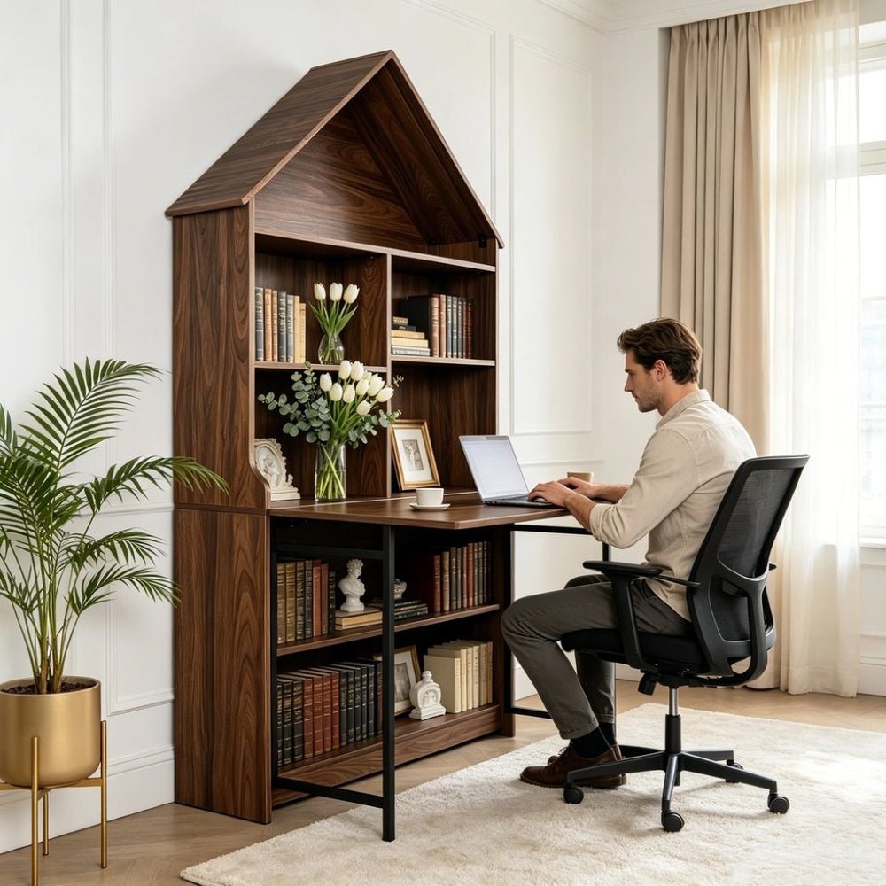 English Elm Folding Convertible Bookshelf Desk with Arched Top and Open Shelves for Small Spaces W2977P499567