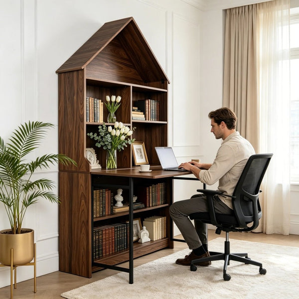 English Elm Folding Convertible Bookshelf Desk with Arched Top and Open Shelves for Small Spaces W2977P499567