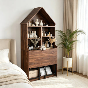 English Elm Folding Convertible Bookshelf Desk with Arched Top and Open Shelves for Small Spaces W2977P499567