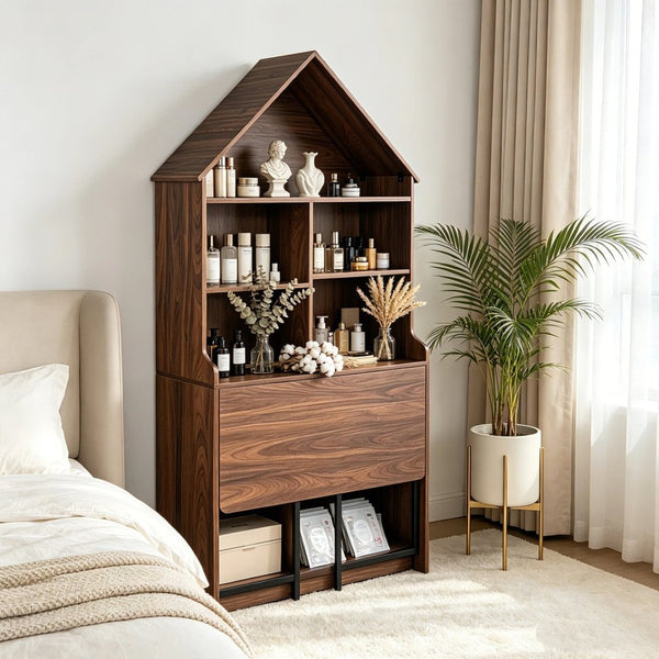 English Elm Folding Convertible Bookshelf Desk with Arched Top and Open Shelves for Small Spaces W2977P499567