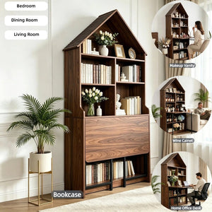English Elm Folding Convertible Bookshelf Desk with Arched Top and Open Shelves for Small Spaces W2977P499567