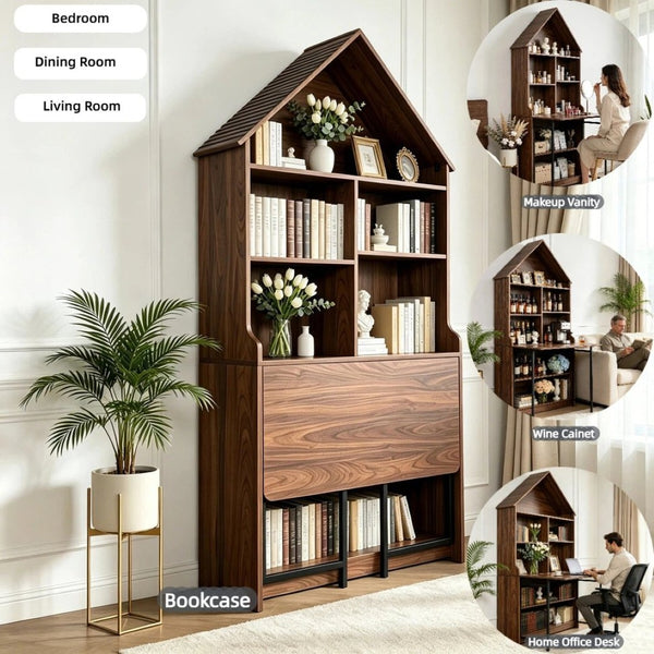 English Elm Folding Convertible Bookshelf Desk with Arched Top and Open Shelves for Small Spaces W2977P499567