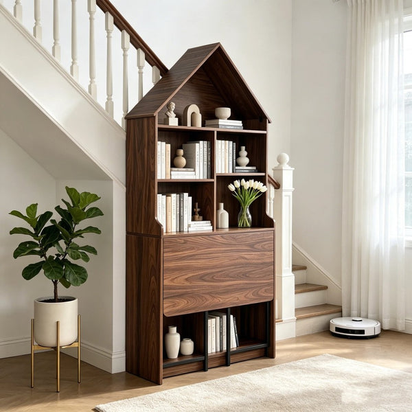 English Elm Folding Convertible Bookshelf Desk with Arched Top and Open Shelves for Small Spaces W2977P499567