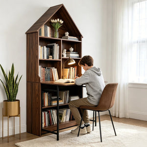 English Elm Folding Convertible Bookshelf Desk with Arched Top and Open Shelves for Small Spaces W2977P499567