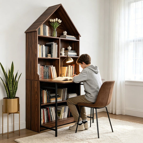 English Elm Folding Convertible Bookshelf Desk with Arched Top and Open Shelves for Small Spaces W2977P499567