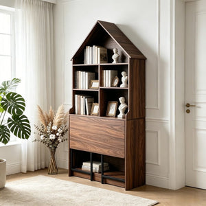 English Elm Folding Convertible Bookshelf Desk with Arched Top and Open Shelves for Small Spaces W2977P499567