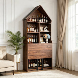 English Elm Folding Convertible Bookshelf Desk with Arched Top and Open Shelves for Small Spaces W2977P499567