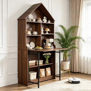 English Elm Folding Convertible Bookshelf Desk with Arched Top and Open Shelves for Small Spaces W2977P499567