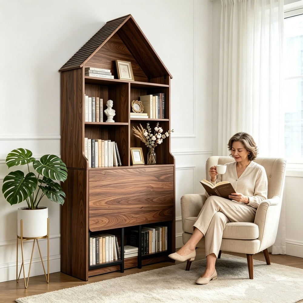 English Elm Folding Convertible Bookshelf Desk with Arched Top and Open Shelves for Small Spaces W2977P499567
