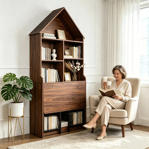 English Elm Folding Convertible Bookshelf Desk with Arched Top and Open Shelves for Small Spaces W2977P499567