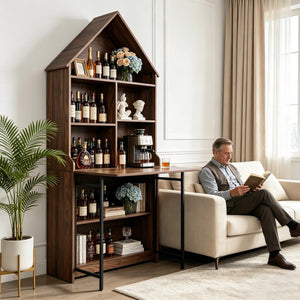 English Elm Folding Convertible Bookshelf Desk with Arched Top and Open Shelves for Small Spaces W2977P499567