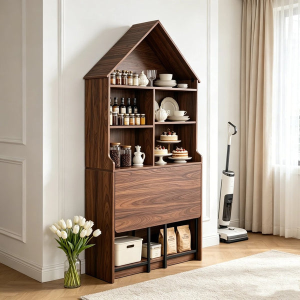 English Elm Folding Convertible Bookshelf Desk with Arched Top and Open Shelves for Small Spaces W2977P499567