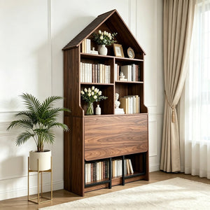 English Elm Folding Convertible Bookshelf Desk with Arched Top and Open Shelves for Small Spaces W2977P499567