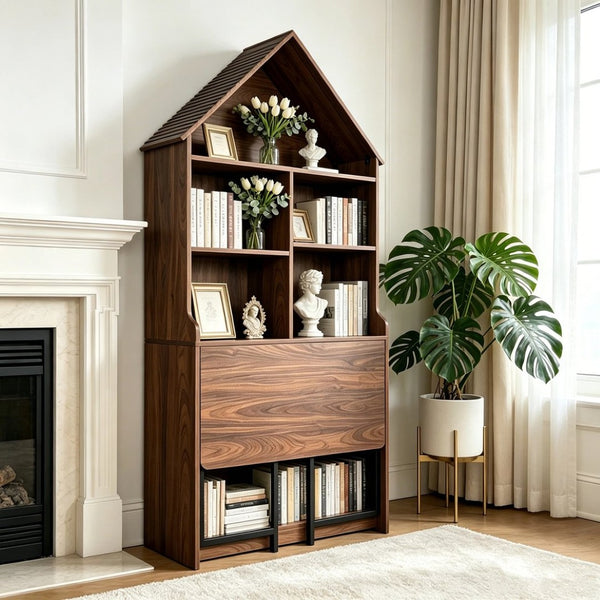 English Elm Folding Convertible Bookshelf Desk with Arched Top and Open Shelves for Small Spaces W2977P499567