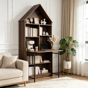 English Elm Folding Convertible Bookshelf Desk with Arched Top and Open Shelves for Small Spaces W2977P499567