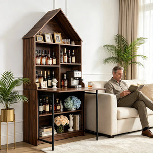 English Elm Folding Convertible Bookshelf Desk with Arched Top and Open Shelves for Small Spaces W2977P499567