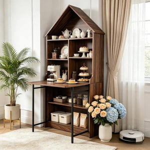English Elm Folding Convertible Bookshelf Desk with Arched Top and Open Shelves for Small Spaces W2977P499567