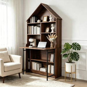 English Elm Folding Convertible Bookshelf Desk with Arched Top and Open Shelves for Small Spaces W2977P499567