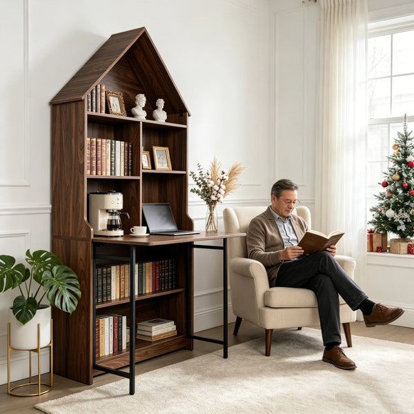 English Elm Folding Convertible Bookshelf Desk with Arched Top and Open Shelves for Small Spaces W2977P499567