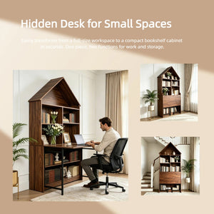 English Elm Folding Convertible Bookshelf Desk with Arched Top and Open Shelves for Small Spaces W2977P499567