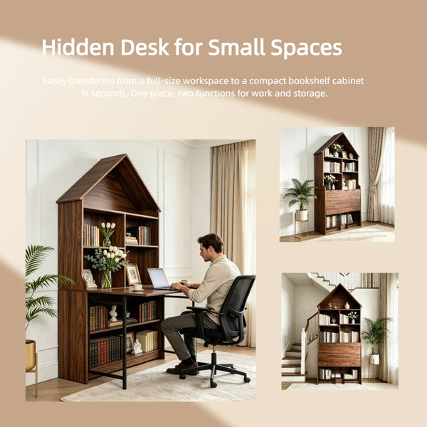 English Elm Folding Convertible Bookshelf Desk with Arched Top and Open Shelves for Small Spaces W2977P499567