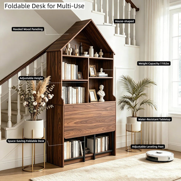 English Elm Folding Convertible Bookshelf Desk with Arched Top and Open Shelves for Small Spaces W2977P499567