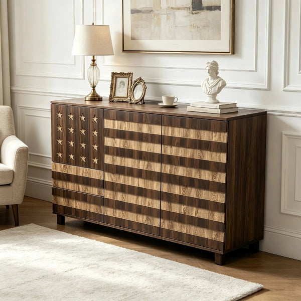 English Elm 55 Inch Rustic Farmhouse Sideboard with Star Cutout Doors Drawers and Adjustable Shelving W2977P522568