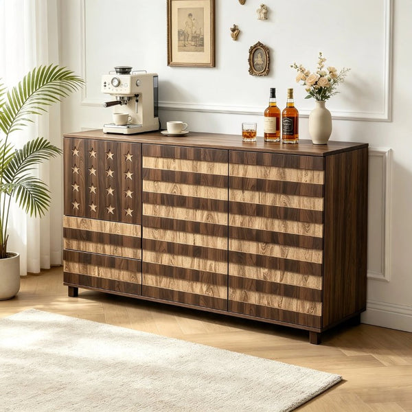 English Elm 55 Inch Rustic Farmhouse Sideboard with Star Cutout Doors Drawers and Adjustable Shelving W2977P522568