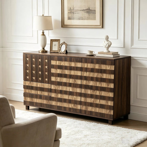 English Elm 55 Inch Rustic Farmhouse Sideboard with Star Cutout Doors Drawers and Adjustable Shelving W2977P522568
