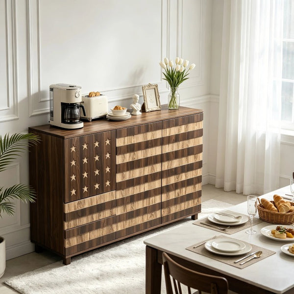 English Elm 55 Inch Rustic Farmhouse Sideboard with Star Cutout Doors Drawers and Adjustable Shelving W2977P522568