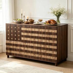 English Elm 55 Inch Rustic Farmhouse Sideboard with Star Cutout Doors Drawers and Adjustable Shelving W2977P522568