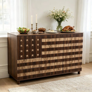 English Elm 55 Inch Rustic Farmhouse Sideboard with Star Cutout Doors Drawers and Adjustable Shelving W2977P522568