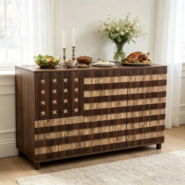 English Elm 55 Inch Rustic Farmhouse Sideboard with Star Cutout Doors Drawers and Adjustable Shelving W2977P522568