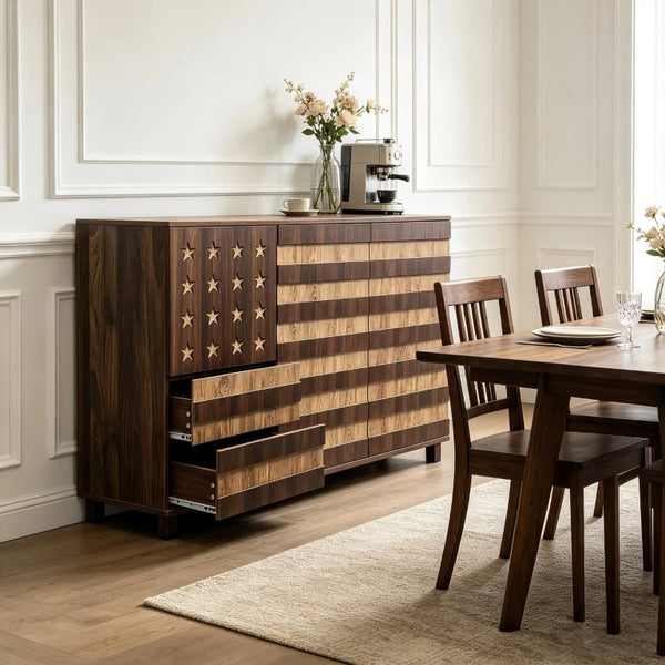 English Elm 55 Inch Rustic Farmhouse Sideboard with Star Cutout Doors Drawers and Adjustable Shelving W2977P522568