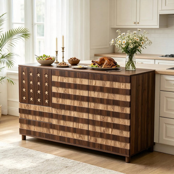 English Elm 55 Inch Rustic Farmhouse Sideboard with Star Cutout Doors Drawers and Adjustable Shelving W2977P522568