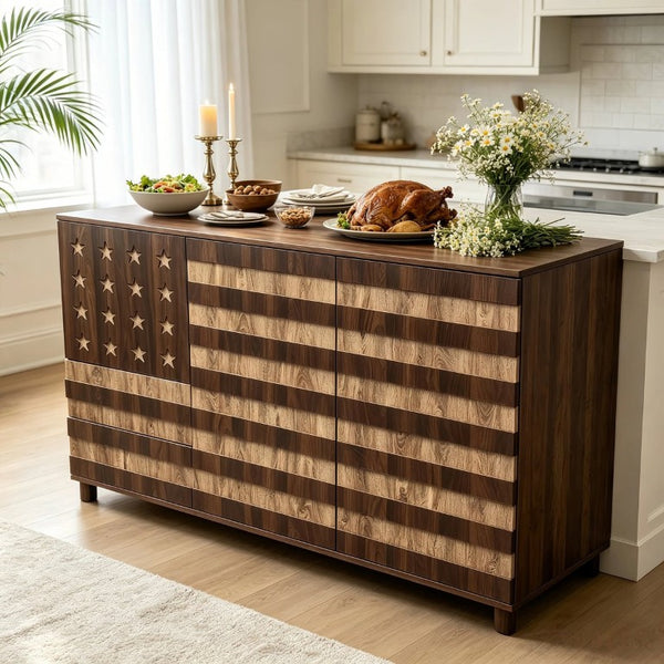 English Elm 55 Inch Rustic Farmhouse Sideboard with Star Cutout Doors Drawers and Adjustable Shelving W2977P522568