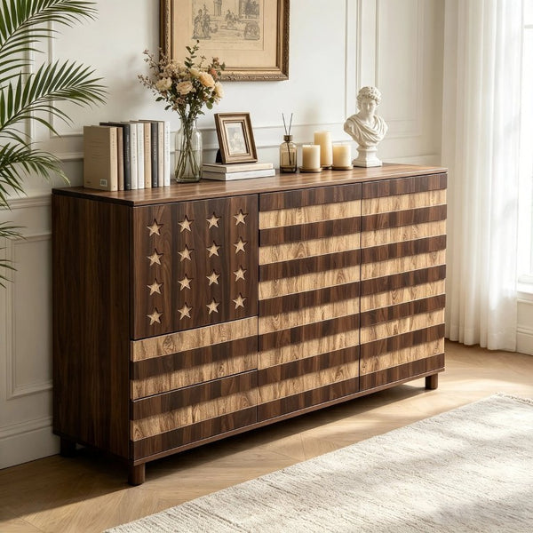 English Elm 55 Inch Rustic Farmhouse Sideboard with Star Cutout Doors Drawers and Adjustable Shelving W2977P522568