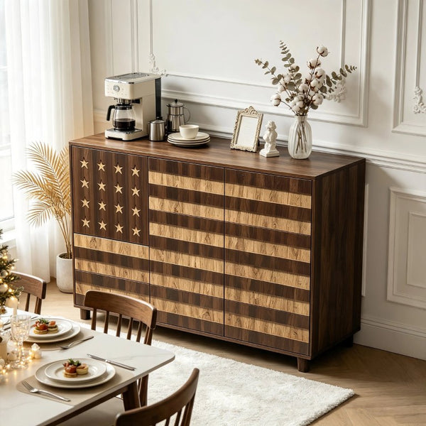 English Elm 55 Inch Rustic Farmhouse Sideboard with Star Cutout Doors Drawers and Adjustable Shelving W2977P522568