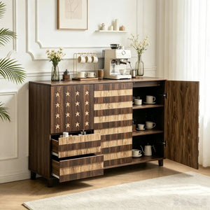 English Elm 55 Inch Rustic Farmhouse Sideboard with Star Cutout Doors Drawers and Adjustable Shelving W2977P522568